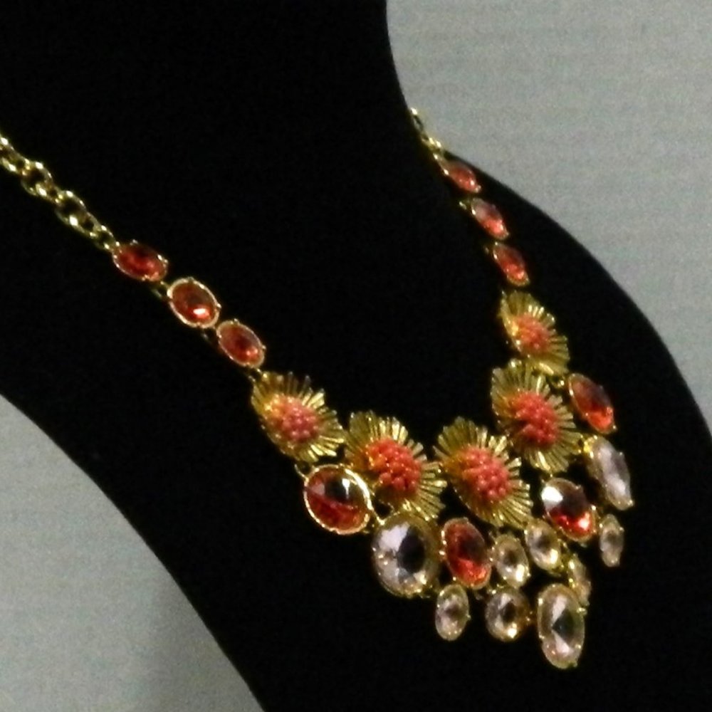 Talbots - Orange Flower Statement Necklace Gold T… - image 2
